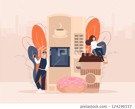 Cartoon character. Coffee break vending machine, great design for any purposes. Art illustration. Vector illustration. 124296557