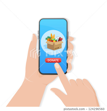 Cartoon food donation for flyer design. Food in carton box. Cartoon poster with food donation for banner design. Vector illustration. 124296560