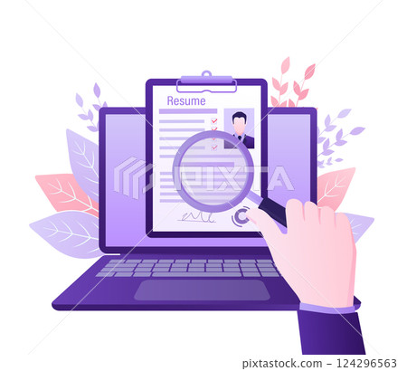 Resume people in flat style. Mobile app application. Flat isometric vector illustration. Laptop screen. Vector data. Resume people in flat style. Mobile app application. Flat isometric vector illustration. Laptop screen. Vector data. 124296563