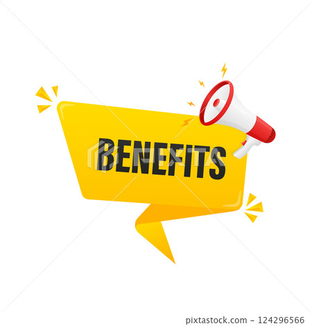 Benefits concept. Badge with megaphone icon. Flat vector illustration on white background. 124296566