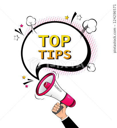 Megaphone - Top tips on white background. Pop style. Vector stock illustration 124296571