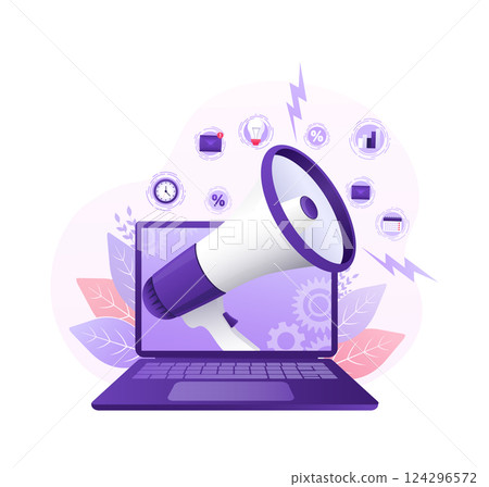 Cartoon megaphone laptop cartoon style for web marketing design. Flat character. Online technology concept vector illustration. Cartoon megaphone laptop cartoon style for web marketing design. Flat character. Online technology concept vector illustration. 124296572