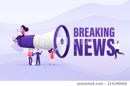 Flat template with megaphone people breaking news for flyer design. Breaking news concept. Flat vector illustration. 124296668