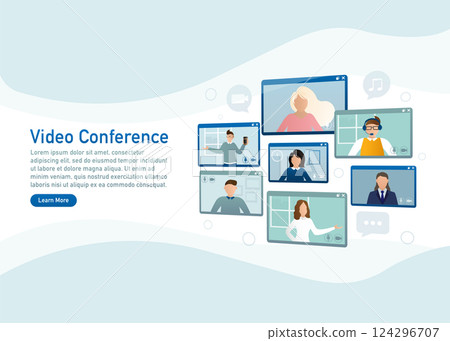 Flat illustration. Video conference. Video call between friends, chatting online by mobile app. Stay at home, work, communication remotely. Vector illustration. 124296707