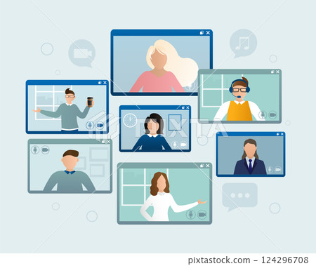 Flat illustration. Video conference. Video call between friends, chatting online by mobile app. Stay at home, work, communication remotely. Vector illustration. 124296708