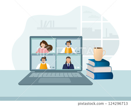 Abstract banner with online class. Coronavirus lockdown. Flat illustration. Vector illustration. 124296713