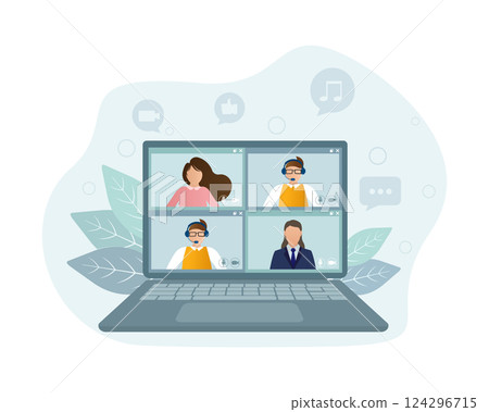 Flat illustration. Video conference. Video call between friends, chatting online by mobile app. Stay at home, work, communication remotely. Vector illustration. Flat illustration. Video conference. Video call between friends, chatting online by mobile app. Stay at home, work, communication remotely. Vector illustration. 124296715