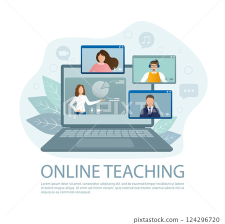 Cartoon online teaching for web design. Cartoon character. Web design. Character for web marketing design. Vector illustration. 124296720