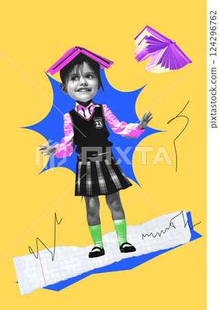 Girl wearing book on head like hat, smiling among flying books and doodles. Contemporary art collage. 124296762