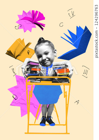 Smiling girl leaning on school desk full of books, floating letters around her. Contemporary art collage. Smiling girl leaning on school desk full of books, floating letters around her. Contemporary art collage. 124296763