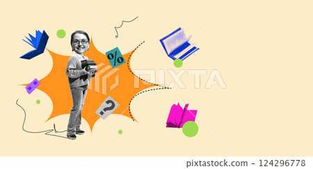 Woman carrying books smiling amid abstract shapes, floating icons, and math symbols. Contemporary art collage 124296778