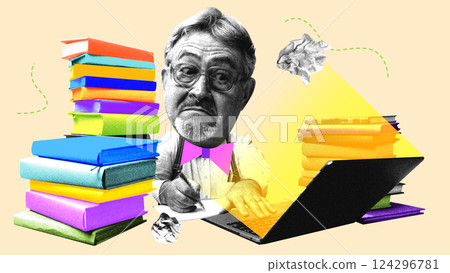 Man studying with laptop surrounded by colorful books, crumpled paper, glowing light. Contemporary art collage. Man studying with laptop surrounded by colorful books, crumpled paper, glowing light. Contemporary art collage. 124296781