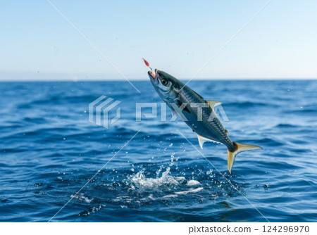 Fish is caught on a fishing line, jumping out of the water, creating splashes against a clear blue sky 124296970