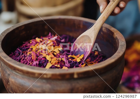 Colorful powders are being mixed with wooden spoons, creating vibrant hues for natural dyeing Colorful powders are being mixed with wooden spoons, creating vibrant hues for natural dyeing 124296987