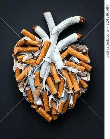 Numerous cigarettes are forming a heart shape, symbolizing the harmful effects of smoking on cardiovascular health 124296997