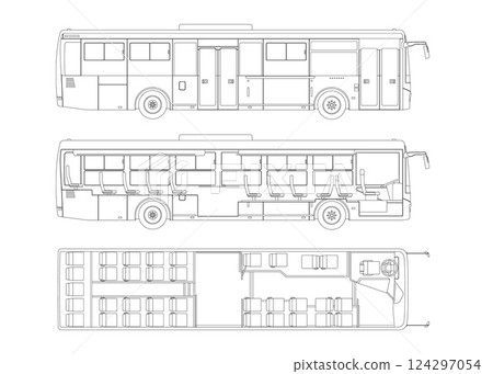 Isolated bus drawing. Outline passenger transport blueprint. Autobus linear seat map. Industrial scheme. Side and top view. Tourist vehicle interior Isolated bus drawing. Outline passenger transport blueprint. Autobus linear seat map. Industrial scheme. Side and top view. Tourist vehicle interior 124297054