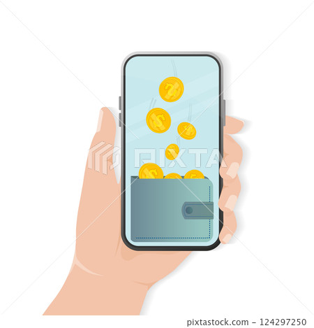 Flat cash back with smartphone for mobile app design. Payment online concept. Vector illustration. Flat cash back with smartphone for mobile app design. Payment online concept. Vector illustration. 124297250