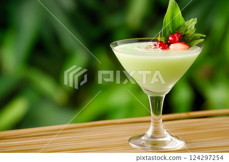 Tropical green cocktail decorated with fresh fruit and mint 124297254