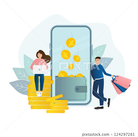 Flat card with cash back people for banner design. Illustration concept. Gift card for banner design. Payment online concept. 124297281