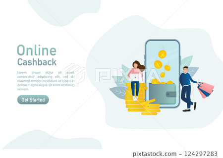 Flat card with cash back people for banner design. Illustration concept. Gift card for banner design. Payment online concept. 124297283