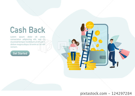 Flat card with cash back people for banner design. Illustration concept. Gift card for banner design. Payment online concept. Flat card with cash back people for banner design. Illustration concept. Gift card for banner design. Payment online concept. 124297284