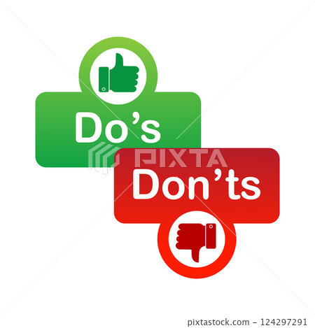 Do's and don'ts red and green badge. Simple flat modern info logotype graphic design isolated on white background. Concept of rules of conduct for people like fail or incorrect decision. Do's and don'ts red and green badge. Simple flat modern info logotype graphic design isolated on white background. Concept of rules of conduct for people like fail or incorrect decision. 124297291