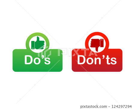Do's and don'ts red and green badge. Simple flat modern info logotype graphic design isolated on white background. Concept of rules of conduct for people like fail or incorrect decision. 124297294