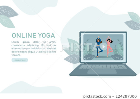 Woman doing yoga fitness exercises on laptop screen. Beautiful woman doing yoga at home from online class yoga. Vector illustration. Woman doing yoga fitness exercises on laptop screen. Beautiful woman doing yoga at home from online class yoga. Vector illustration. 124297300
