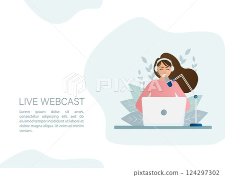 Live webcast in flat style with people. Listen to podcast. Flat illustration. Vector illustration. Live webcast in flat style with people. Listen to podcast. Flat illustration. Vector illustration. 124297302