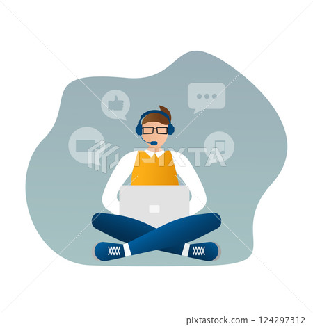 Live webcast in flat style with people. Listen to podcast. Flat illustration. Vector illustration. 124297312