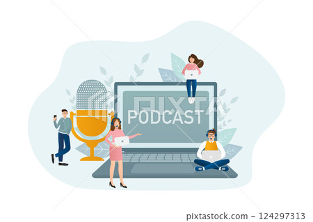 Live webcast in flat style with people. Listen to podcast. Flat illustration. Vector illustration. Live webcast in flat style with people. Listen to podcast. Flat illustration. Vector illustration. 124297313