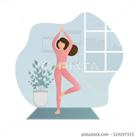 Flat character yoga at home. Cartoon character. Vector illustration. 124297315