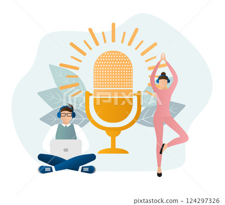 Live webcast in flat style with people. Listen to podcast. Flat illustration. Vector illustration. 124297326