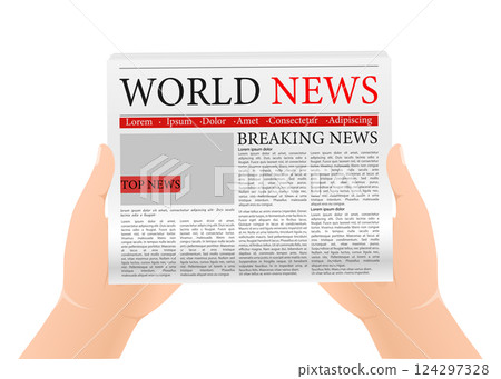 Flat icon with newspaper with hand. Illustration for paper design. Top view. Vector illustration. 124297328
