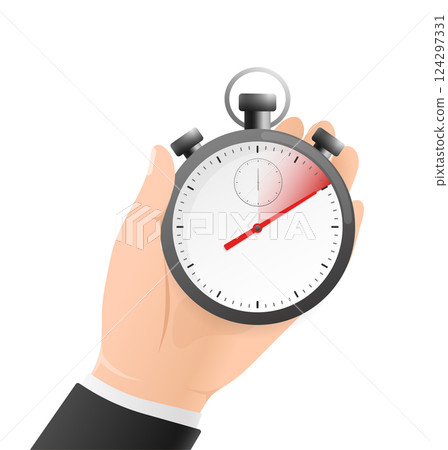 Cartoon icon with timer with hand on white background. Business design. Vector illustration. 124297331