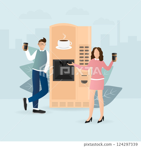 Cartoon character. Coffee break vending machine, great design for any purposes. Art illustration. Vector illustration. Cartoon character. Coffee break vending machine, great design for any purposes. Art illustration. Vector illustration. 124297339