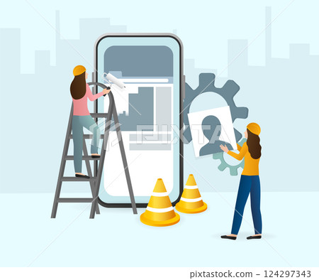 Flat under construction with people for web site design. Minimal design. Technology concept. Flat business template. Flat under construction with people for web site design. Minimal design. Technology concept. Flat business template. 124297343