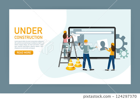 Flat under construction with people for web site design. Minimal design. Technology concept. Flat business template. Flat under construction with people for web site design. Minimal design. Technology concept. Flat business template. 124297370
