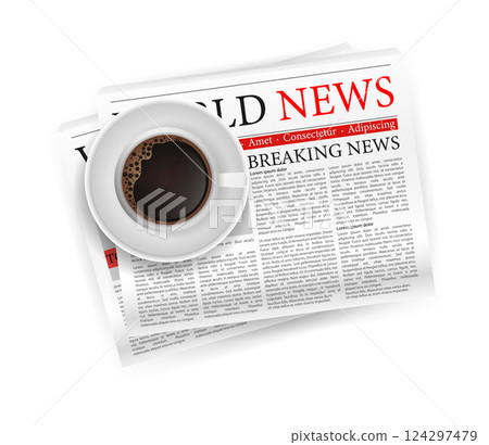 Coffee with newspaper in 3d style. Business design. Vector stock illustration. 124297479