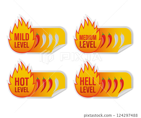 Spicy level sticker on white background. Vector illustration design. Burning hot. Spicy level sticker on white background. Vector illustration design. Burning hot. 124297488