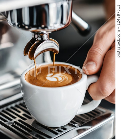 Barista preparing latte art coffee with espresso machine 124297513