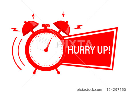Retro red ribbon with alarm on white backdrop. Hurry up concept. Vector illustration. Retro red ribbon with alarm on white backdrop. Hurry up concept. Vector illustration. 124297560