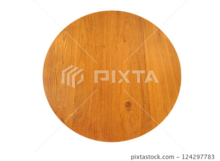 Top view of round wooden table isolated on white background. 124297783