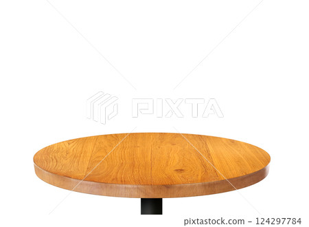 Front view of round wooden table, isolated on white background. 124297784
