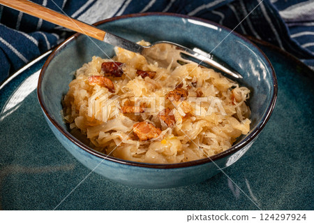Stewed sauerkraut with cracklings. Stewed sauerkraut with cracklings. 124297924