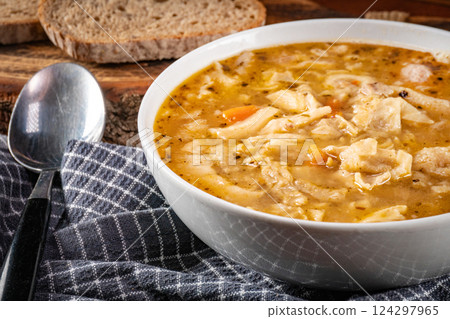 Tripe soup made of beef and vegetables. Tripe soup made of beef and vegetables. 124297965