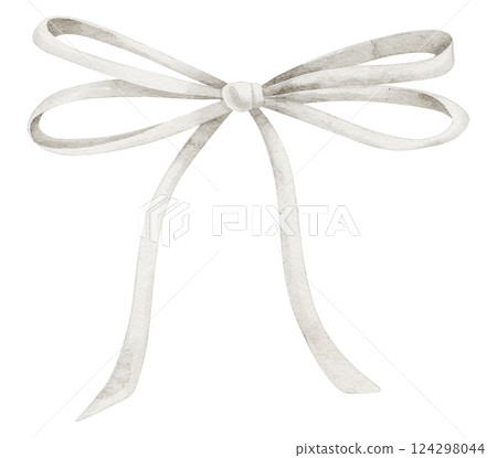 Ribbon with Bow watercolor illustration. Drawing of fabric Knot in pastel colors for wedding invitations or Baby shower greeting cards. Art of white adorable accessory for party design. 124298044