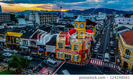 Aerial view of Festive Old Town Clock Tower in Phuket Aerial view of Festive Old Town Clock Tower in Phuket 124298081