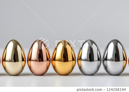 A Luxurious Collection of Metallic Easter Eggs in Gold, Silver, and Copper Reflecting Light with a Minimalistic Background, Happy Easter 124298194