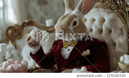 A Close-Up Portrait of a Sophisticated Easter Bunny in a Luxurious Velvet Suit, Holding a Hand-Painted Egg in an Elegant Setting, Happy Easter 124298195
